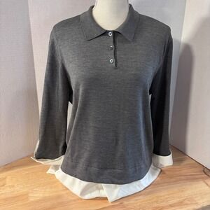 Lauren‎ Ralph Lauren Women Dark Gray Knit Polo Shirt  White Layered Hem Medium